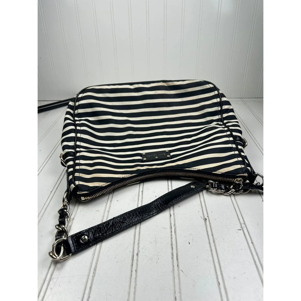 Kate Spade Vintage Y2K Black White Striped Nylon Shoulder Bag Chain Strap Purse